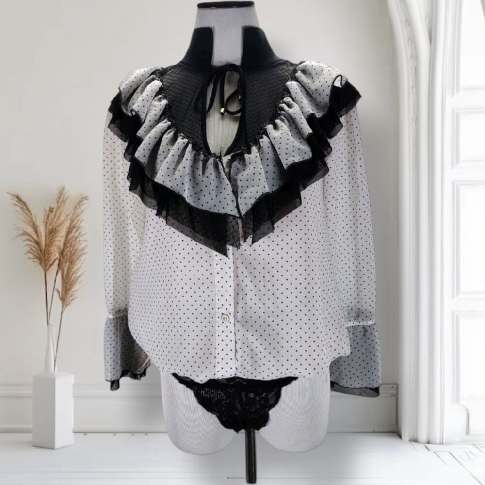 NWT We Are HAH Heavy Necking Bodysuit XS Sheer Polka Dot Ruffle Lace Black White